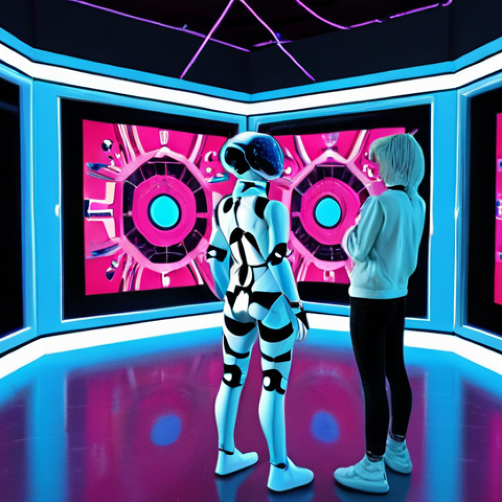 **Prompt:** A vibrant digital artwork showcased in a futuristic metaverse gallery, with avatars interacting and admiring the piece. The artwork itself blends elements of abstract art with technological themes, emphasizing the fusion of art and AI. Include blockchain and NFT symbols subtly in the background.