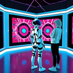**Prompt:** A vibrant digital artwork showcased in a futuristic metaverse gallery, with avatars interacting and admiring the piece. The artwork itself blends elements of abstract art with technological themes, emphasizing the fusion of art and AI. Include blockchain and NFT symbols subtly in the background.